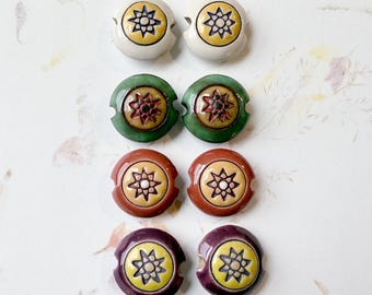 Set of 2, Hand Carved Star Stoneware Beads, Small Lentil Shaped Beads