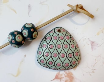 Dots on Green, Three Bead Set, One Domed Triangle Pendant, Two Round Accent Beads