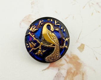 Peacock, 23mm Round Button, Bermuda Blue with Gold Accents, Shank, Czech Glass