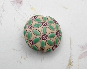 Handmade Stoneware Lentil Bead: Green Swirls, Artisan Jewelry Supply