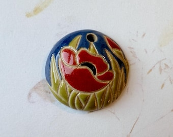 Red Poppy with Bud Small Domed Pendant, Stoneware Pendants, Golem Design Studio