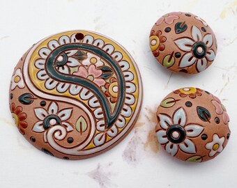 New!  3 Piece Set, Paisley and Flowers on Rose Pink Clay with Coordinating Lentil Shaped Beads, Hand Carved, Stamped and Glazed Beads