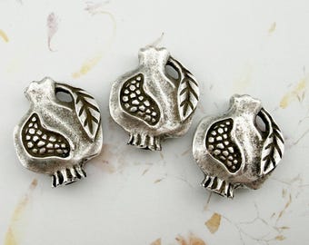 Set of 3 Pewter Pomegranate Focal Beads, 25mm, Greece