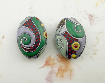 Hand Carved Stoneware Pendant Beads, Glazed, Almond Shape, Mixed Technique, Set of 2
