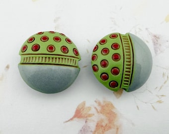 Hand Stamped Stoneware Lentil Beads: Artisan Glazed Ceramic Set of 2