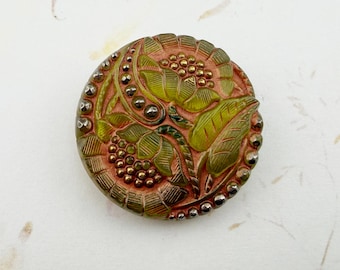 27mm Two Poppy Design, Round Button, Olivine Green Copper with Silver and Gold Details