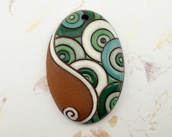 Paisley Rainbow Aqua Color Mix, Handcrafted Terracotta Oval Pendant