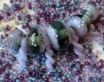 Lilac Murano Glass Bead Set, Handmade Rondelle Beads, Purple Toho Seed Beads