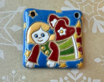 Christmas Fairy Pendant, Square Stoneware Pendant, Glazed On Both Sides, Golem Design Studio Beads