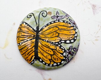 Monarch Butterfly Pendant, Large Round Pendant, Hand Crafted Artisan Beads, Stoneware Pendants