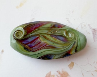 Handcrafted Sage Green Glass Pendant, Swirled Design, Large Hole