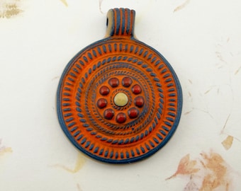 New! Mixed Technique Stoneware Pendant, The Buckle Design, Round Domed Stoneware Bead
