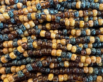 6/o Aged Bee Hive Picasso Mix, Czech Glass Seed Beads, 4mm Seed Beads, 20 Inch Strand, Approximately 150 Per Strand, 13 Grams