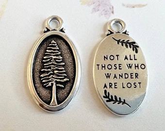 Redwood Tree, Oval Pendant, Charm, Antique Silver Plated Pewter, Front and Back Design