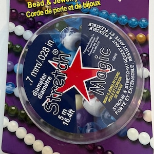 May include: A spool of clear stretch magic bead and jewelry cord. The spool is 5 meters or 16.4 feet long and the cord is 0.7 mm or 0.028 inches in diameter. The cord is strong and stretchy, and is resistant to breakage.