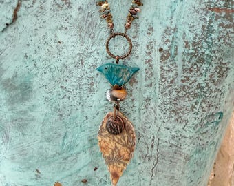 Polymer Clay Bird Necklace, Mixed Media Leaf Pendant, 26 Inch