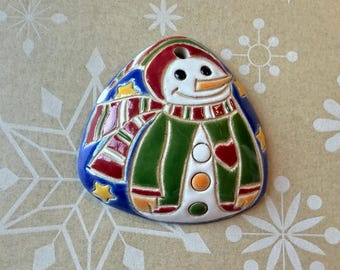 Snowman Pendant, Domed Stoneware Pendant, Glazed On Both Sides, Golem Design Studio Beads