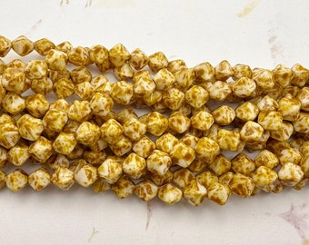 Opaque White Picasso Lucerna Beads, 6mm, Czech Glass Pressed Bicone Beads, 50 Beads per Strand, Picasso Finish Lucerna Beads