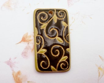 Stoneware Pendant: Dark Green Glaze, Arabesque Design