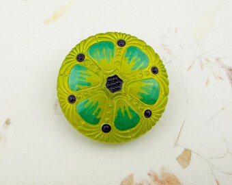 27mm Czech Glass Button, Wheel Design, Peridot with Color Mix, Shank