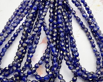 4mm Faceted Round Fire Polished Beads, Indigo with Golden Luster, 50 Beads Per Strand