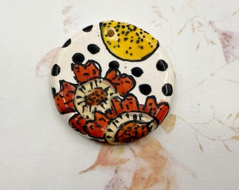 Poppies with Polka Dots by Damayanah Studio, Small Pendant, Hand Painted and Hand Glazed Stoneware Pendant
