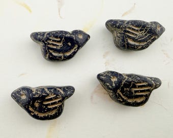 Bird Bead, 11x22mm, Indigo Bird with Gold Wash Finish, 1mm Vertically Drilled Hole, 1 Bird