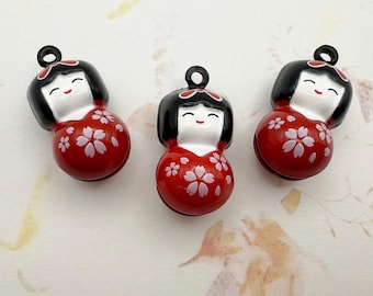 Little Kimono Doll Bell, Kimono Doll Charm, Red Enamel Japanese Bell Charm, Charm