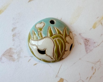 White Poppies Small Domed Pendant, Stoneware Pendants, Golem Design Studio
