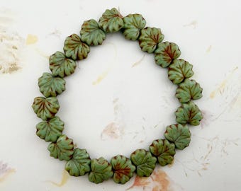 Maple Leaf, 10x13mm, Sage Green with a Picasso Finish, 20 Pieces Per Strand