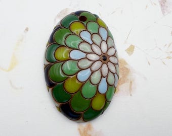 Peacock Oval Domed Terra Cotta Pendant, Blue Green Glazes, Unglazed Terra Cotta On Reverse, Long Domed Oval Pendant