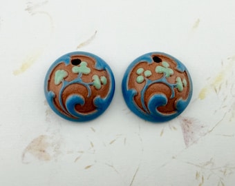 Hand Stamped and Glazed Stoneware Beads, Set of Two