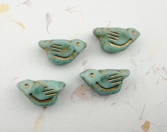 Bird Bead, Mint with Gold Wash, Czech Pressed Glass (11x22mm)