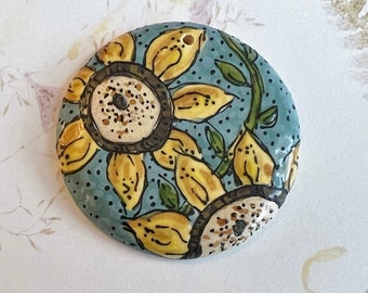 Sunflowers in a Blue Sky, Large Round Pendant, Hand Crafted Artisan Beads by Damyanah Studio, Stoneware Pendants
