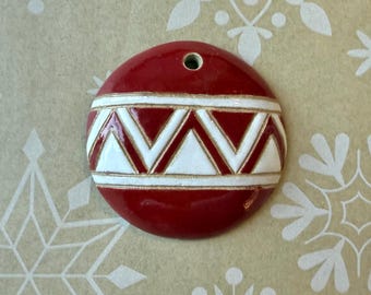 Hand Carved Stoneware Holiday Ornament, Red and White Glazed Pendant