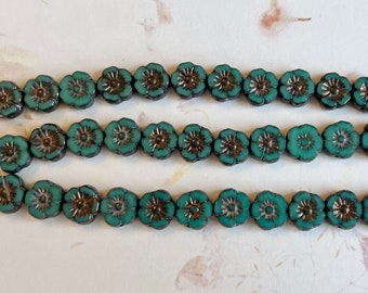Hibiscus Czech Glass Flower, 10mm, Opaque Turquoise with Bronze Finish, Table Cut Czech Glass Hibiscus Flowers, 12 Flowers