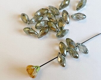 Green Transparent Crystal Faceted Teardrops, Green Plated Glass Briolette, 6x12mm Faceted Teardrop Beads, 20 Teardrops Per Bag
