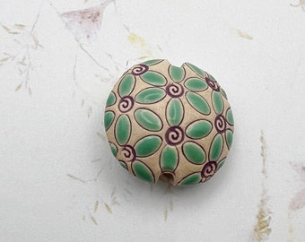 Handmade Stoneware Lentil Bead: Green Swirls, Artisan Jewelry Supply