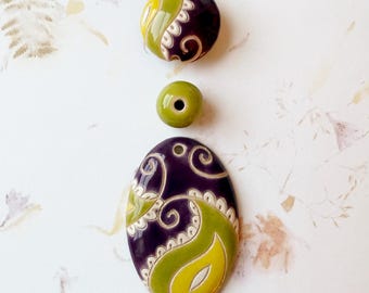 Paisley Oval Pendant In Purples, Green, Yellow on Stoneware, Golem Design Studio Beads, Large Oval Pendant, Set of 3 Beads