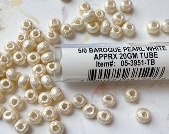 White Baroque Miyuki Pearl Beads: Size 5/o, 20g (5 Inch Tube)