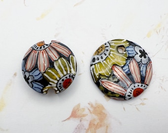 New! Blooms by Damyanah Studio, Lentil Shaped Bead, Small Round Pendant, Hand Painted and Hand Glazed Stoneware Pendant