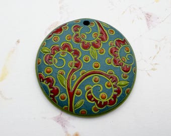New! Old Lace on New Clay Color, Blue Green Stoneware Clay Pendant, Old Lace Focal Bead, Large Round Pendant Bead, Golem Design Studio