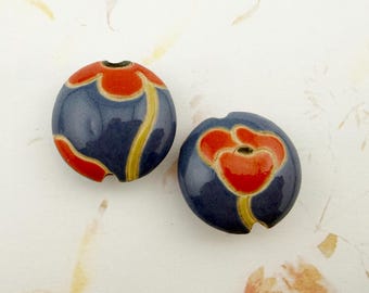 Red Poppies On Blue, Lentil Shaped Stoneware Beads, Large Hole, Two Sided Design W/O Bud