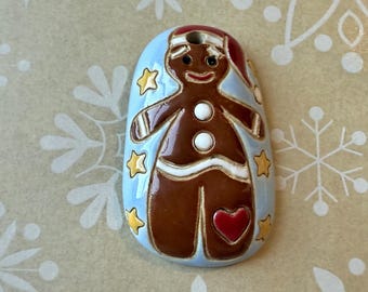 Gingerbread Man Pendant, Domed Stoneware Pendant, Glazed On Both Sides, Golem Design Studio Beads