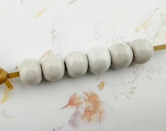 Set of Six Large Hole Solid Color Glazed Stoneware Beads, Shades of White