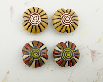Sets of 2, Handcrafted Terracotta Lentil Beads, Carved and Glazed, Mixed Technique
