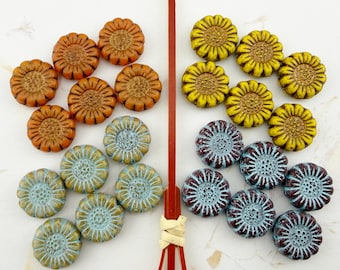 13mm Czech Glass Sunflower Beads, Pumpkin, Dandelion, Honey Picasso Turquoise or Maroon Turquoise