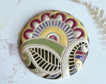 Handcrafted Stoneware Pendant Bead: Paisley Sun and Leaf, 45mm