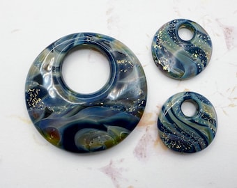 Deep Lagoon Halo Disk Bead Set, Boro Glass with Dichro, Hand Crafted in California, Set of Three Beads