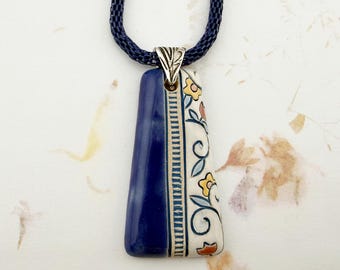 Handcrafted Stoneware Pendant Necklace, Floral Vine Design, Enameled Mesh Chain